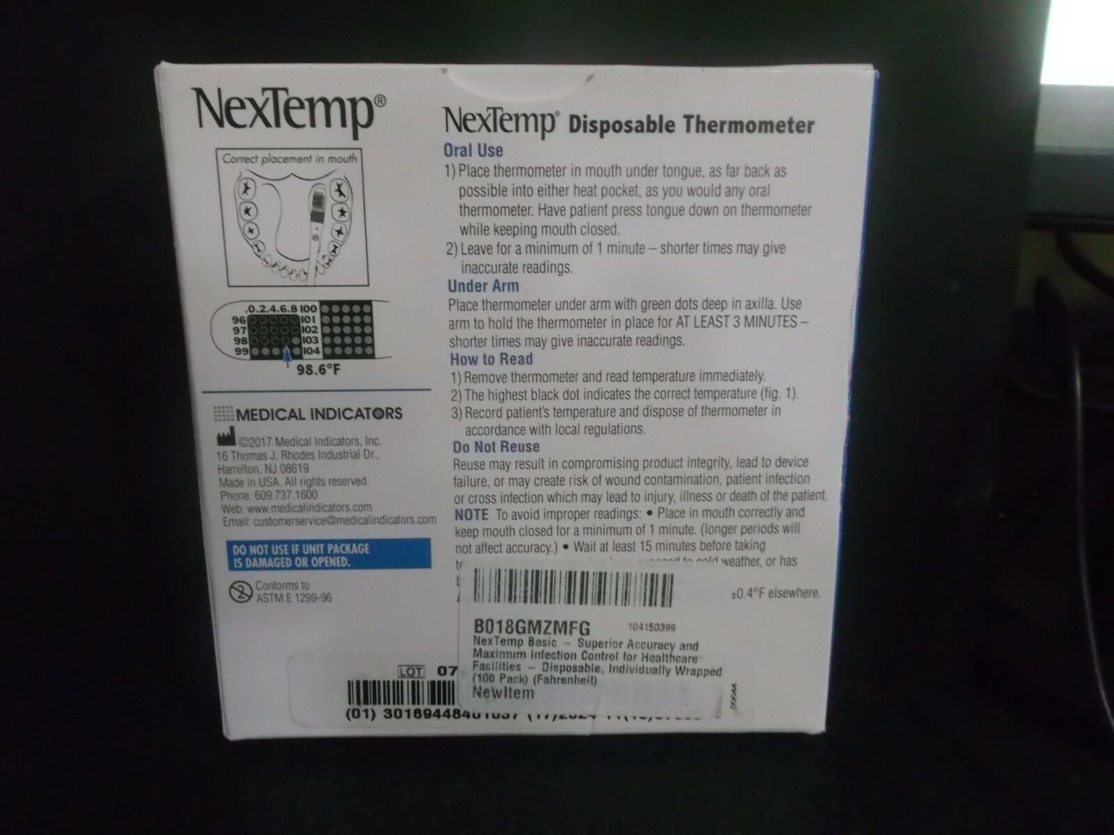 100 box NexTemp Disposable Thermometer Under Tongue or Under Arm Reading