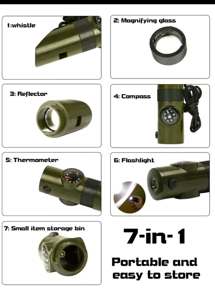 7in1 Multifunction Compass Camping Torch Thermometer Whistle Survival