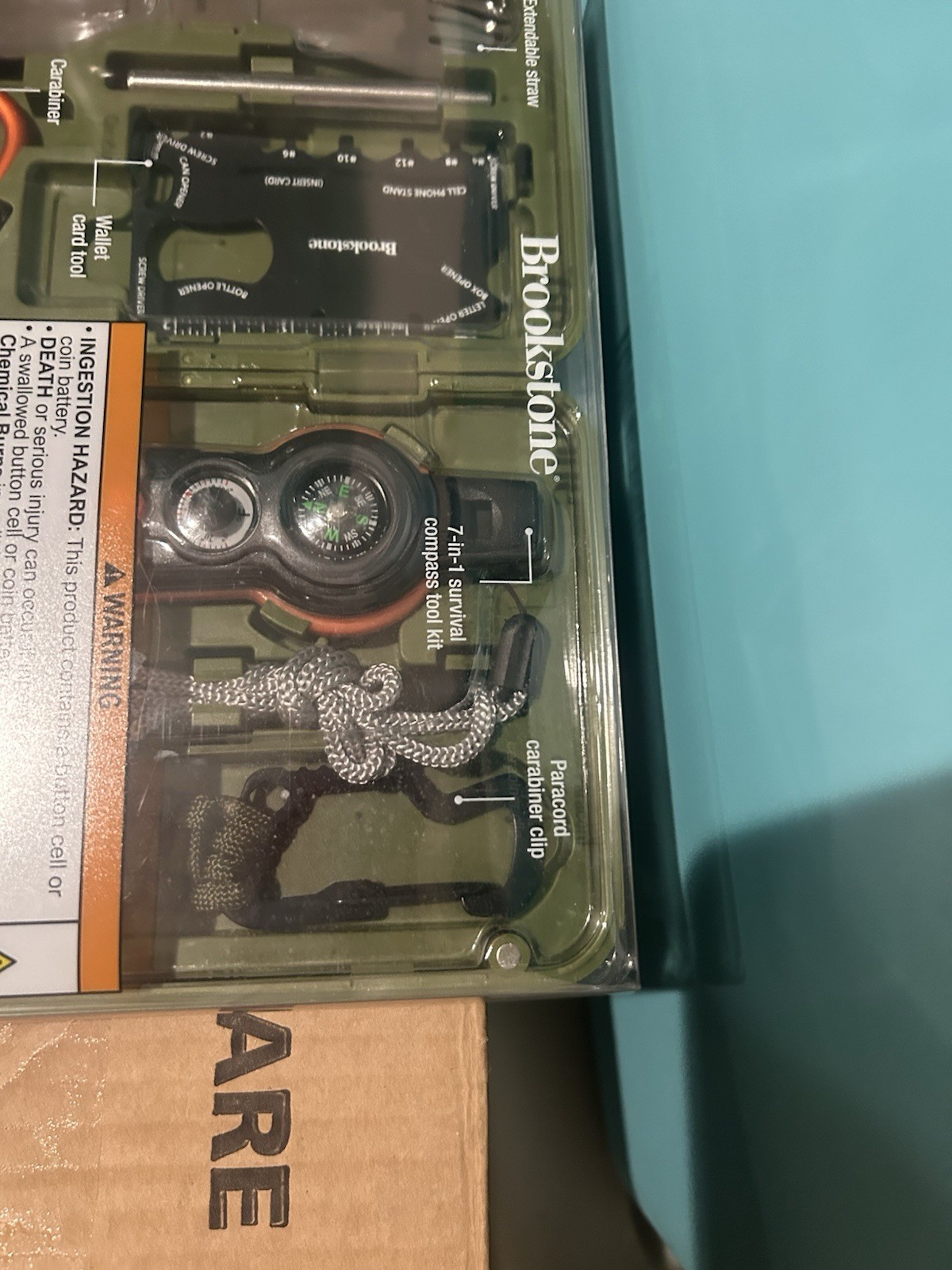 Brookstone 7-in-1 Survival Compass Kit Green Whistle LED Flashlight Magnifier