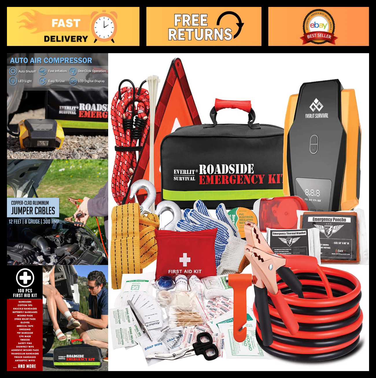 Emergency Car Survival Kit – Roadside Safety Tools, Tire Inflator, First Aid, Ju