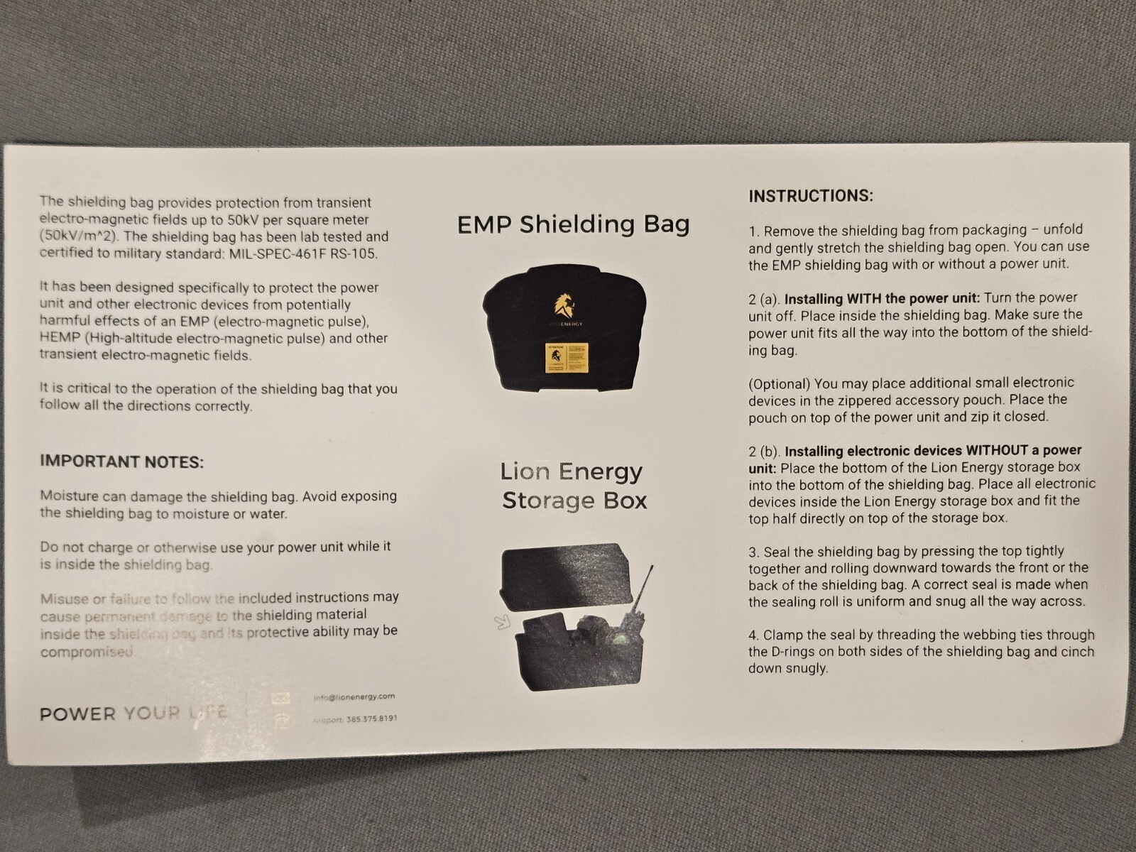 LION ENERGY MIL-SPEC 461-F R5-105 EMP SHIELDING BAG FOR ELECTRONICS – BRAND NEW