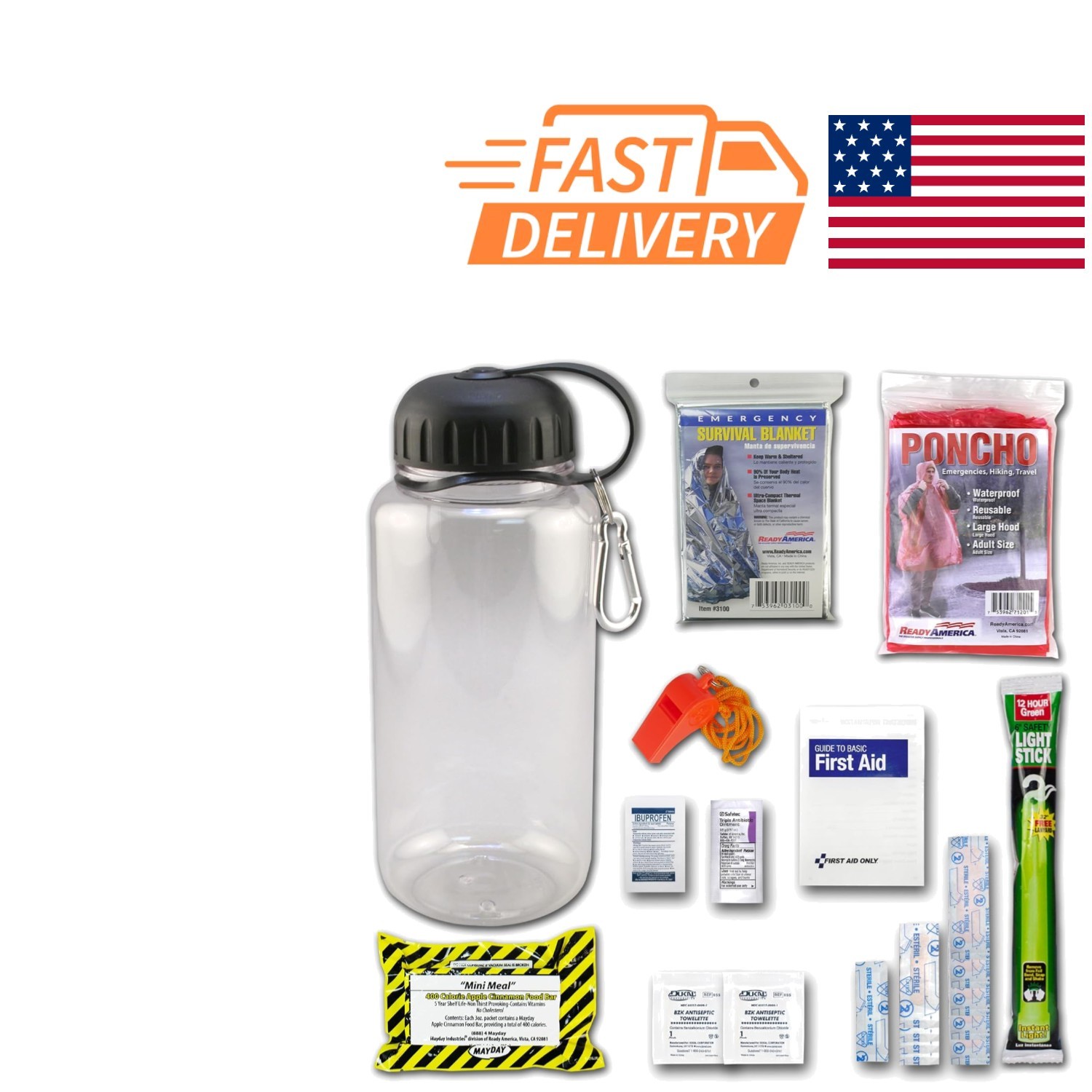 Emergency Preparedness Kit with Water Bottle Food Bar and First Aid Essentials