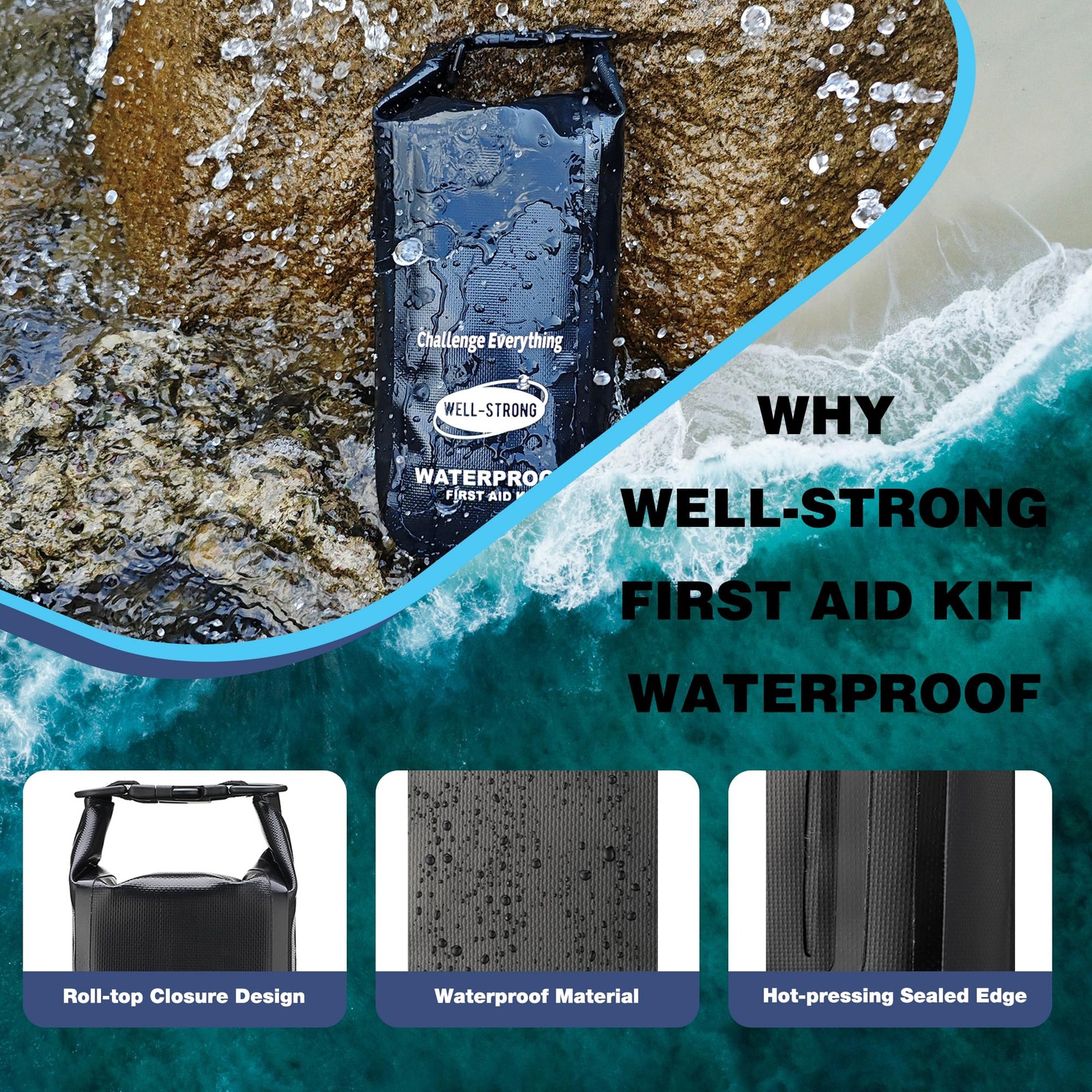 Boat First Aid Kit Waterproof, WELL-STRONG Marine Emergency Ws011-black