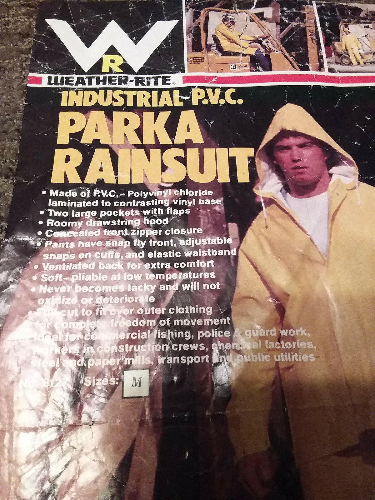 NOS Weather-Rite Fabric / PVC Coated 2 Pc + Hood Heavy Duty Rainsuit, Size M