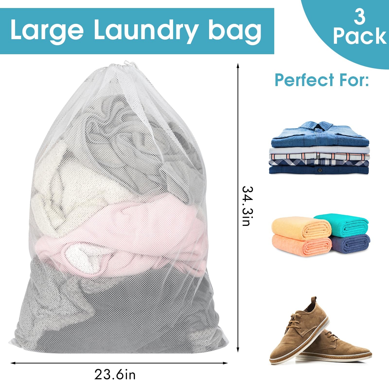 3 Pack Mesh Laundry Bags, 23 x 34 Inches Heavy Duty 23 x 34 Inch, White