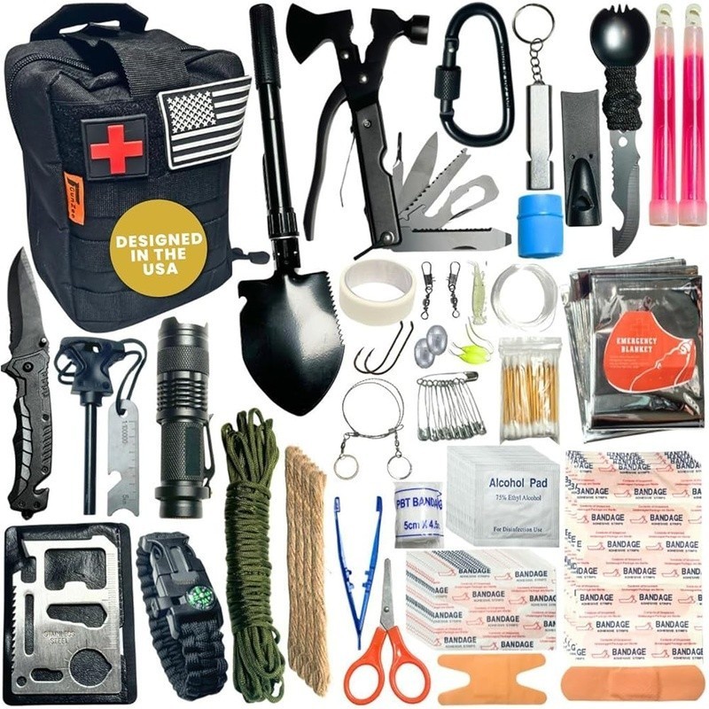 175Pcs Emergency Survival Kit First Aid Tools Multi-Tool Fishing Gear MOLLE Bag