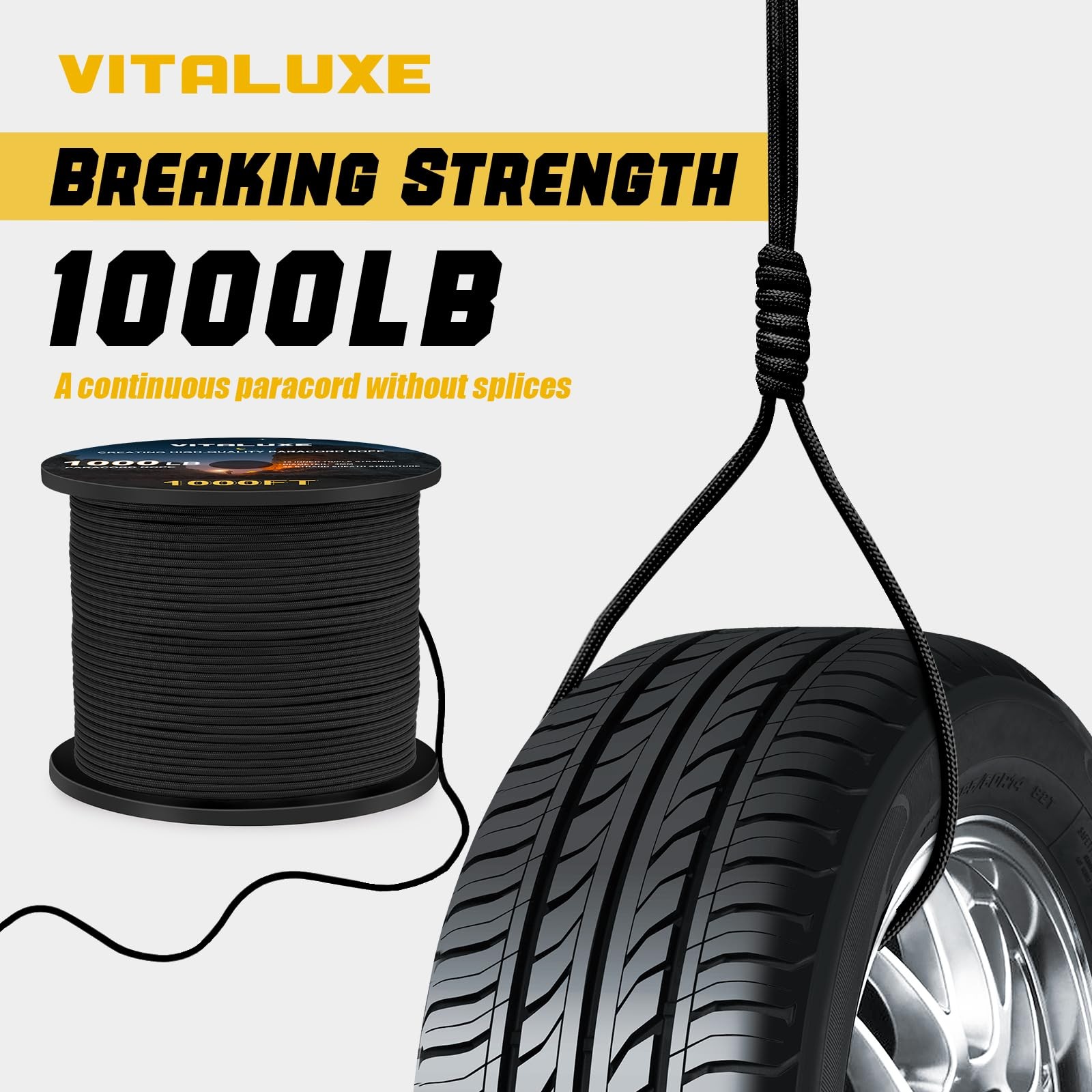 VITALUXE 1000lb Paracord Rope, 4mm 12 Triple Strands Paracord, 100ft, black