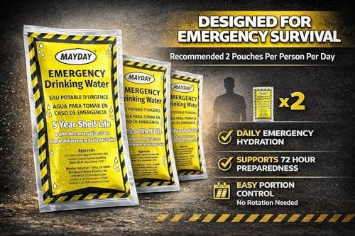 Emergency Water Pouches – 50 Pack, 5-Year Shelf Life, Leak-Proof, Disaster Prep