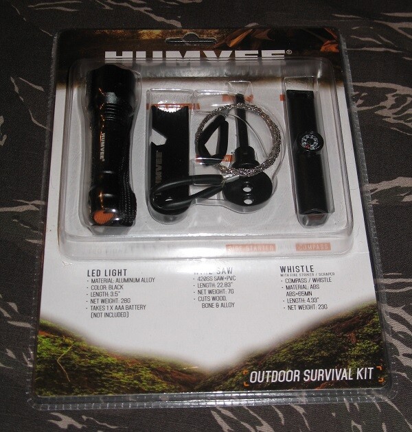 HUMVEE Brand Outdoor Survival Kit LED light whistle wire saw fire starter + more