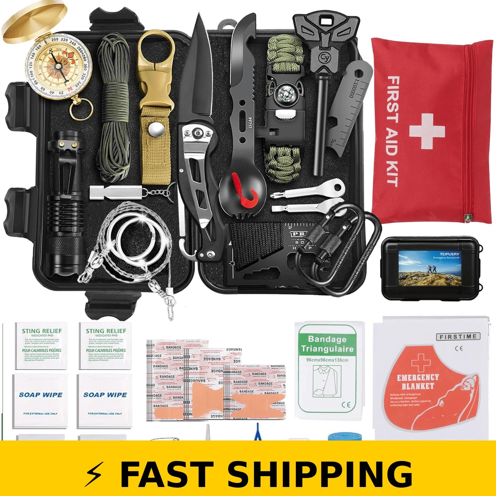 TEIPUERY 57 Pcs Survival Kit for Camping, Hiking, Outdoor Emergency