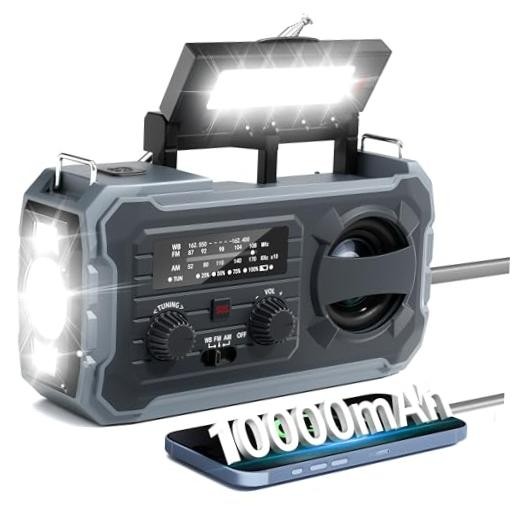 Hand Crank Emergency Radio, 10000mAh Weather Radio with AM/FM/NOAA, Solar Grey