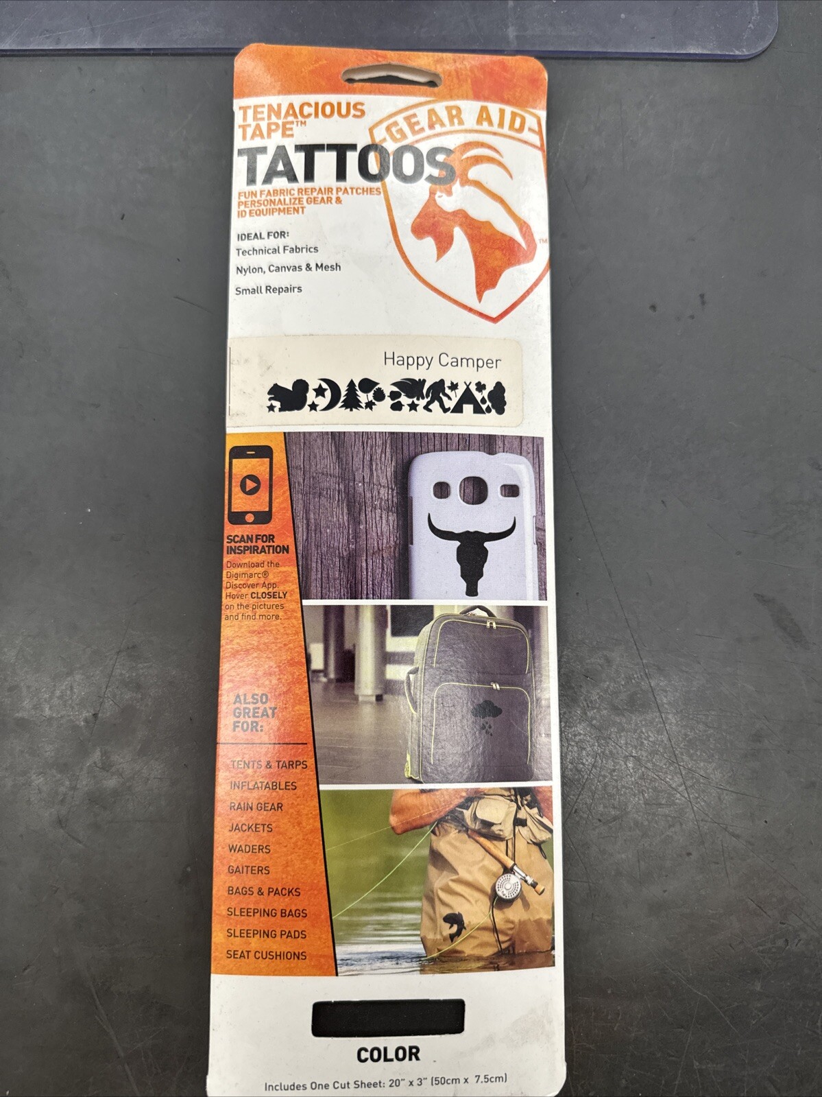 NEW Gear Aid Tenacious Tape Tattoos Fabric Repair Tape Patches 20 Happy Camper