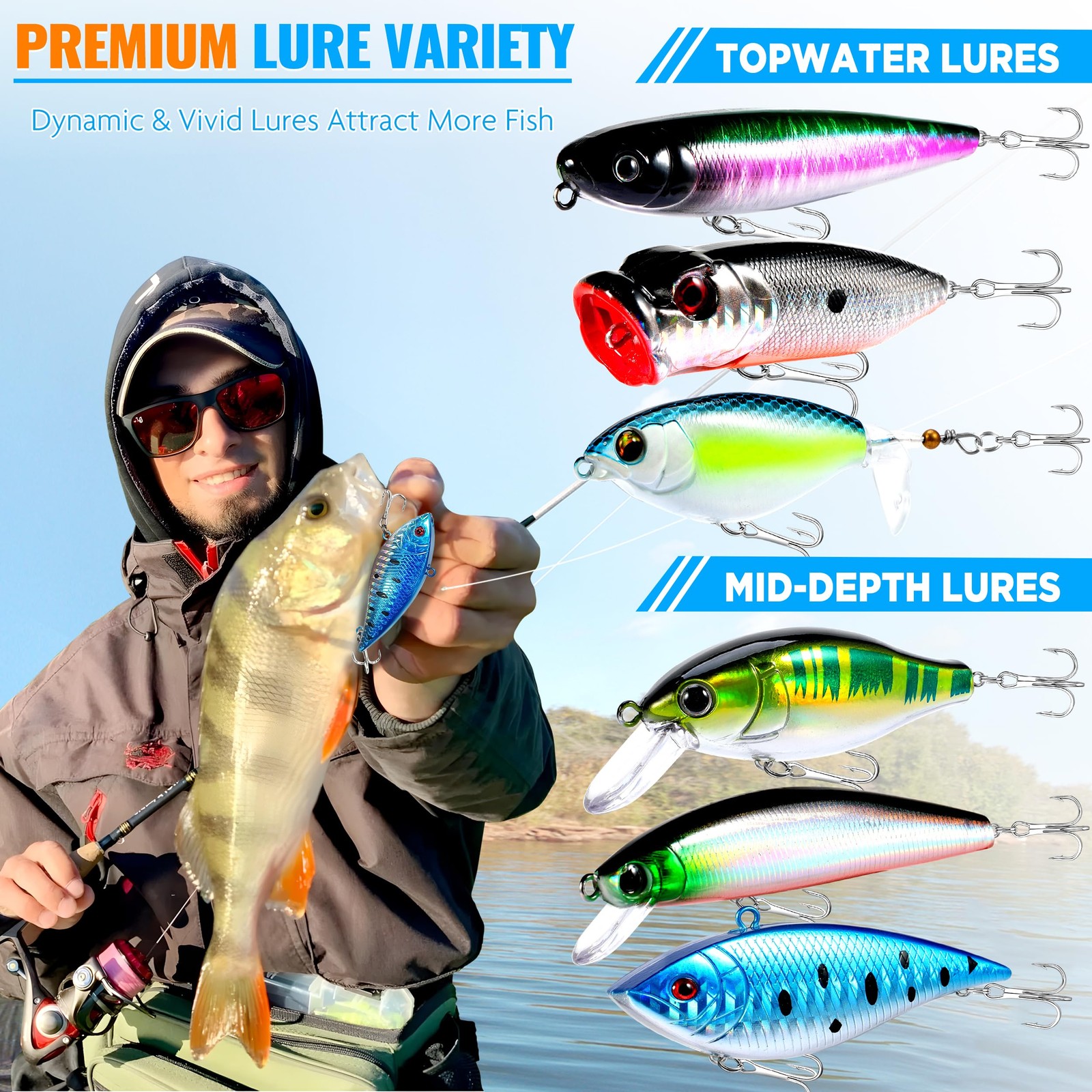 PLUSINNO Fishing Lures Tackle Box Gifts for 5, 68pcs Accessories Kit