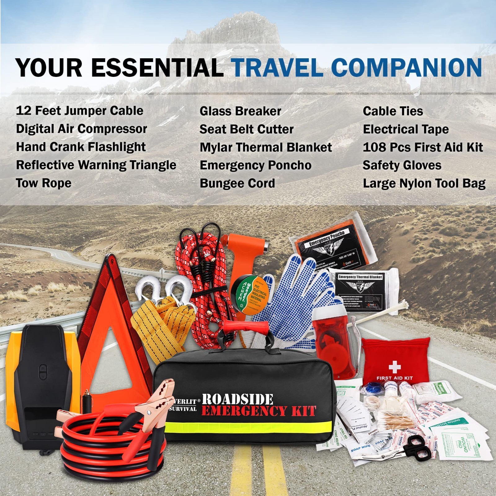 Emergency Car Survival Kit – Roadside Safety Tools, Tire Inflator, First Aid, Ju