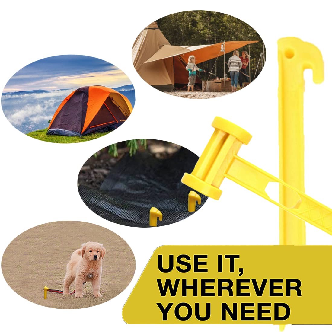 AITIME 30 Pcs 9 Inch Plastic Tent Stakes with 1 23cm, Yellow-30pcs&Hammer