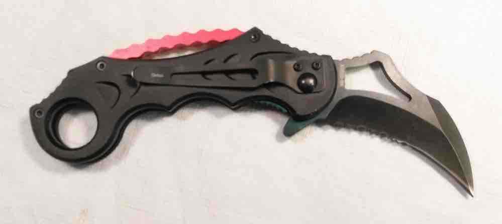 Black Tactical Spring Assist Karambit Partial Serration + Bear Claw Neck Knife