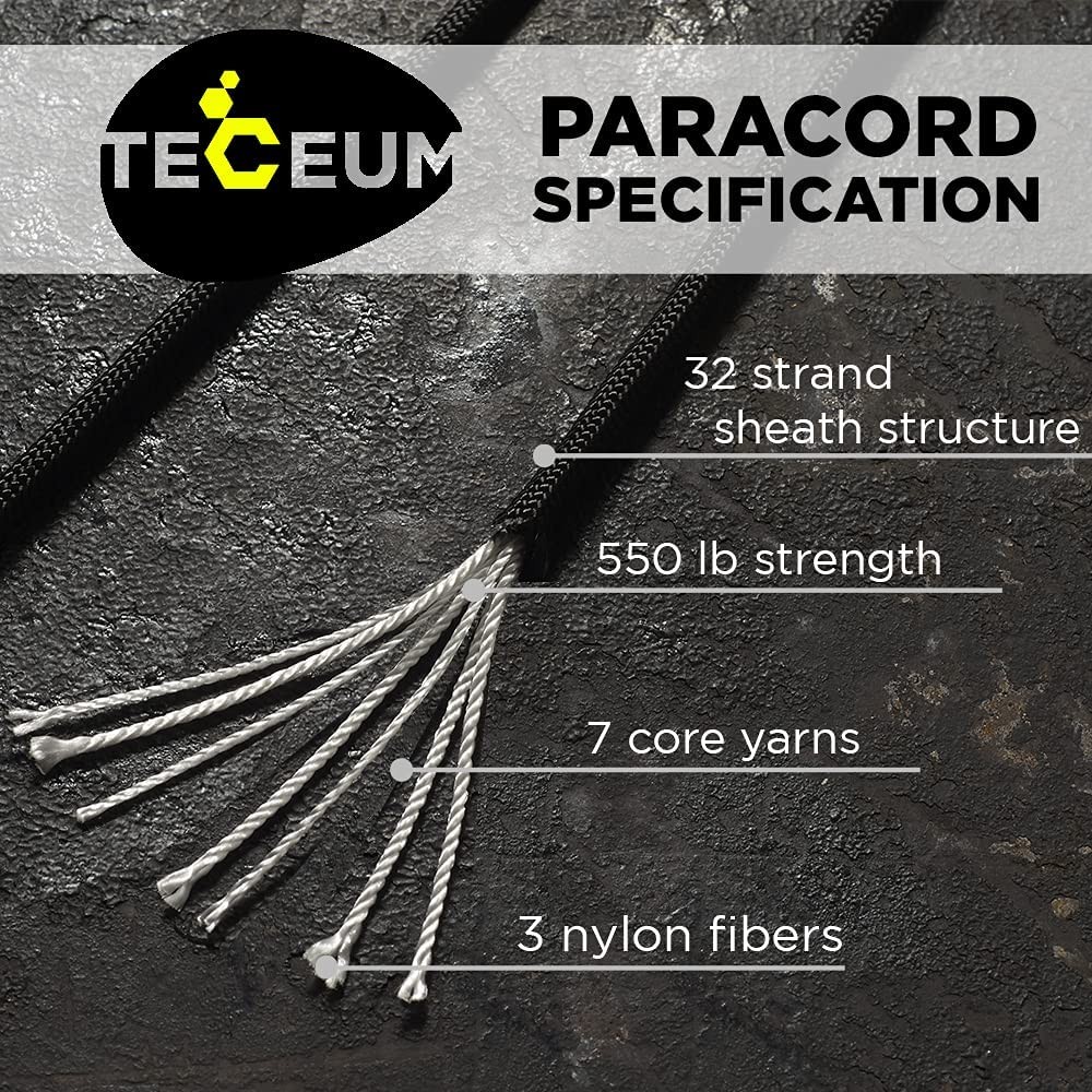 TECEUM Paracord Type III 550 Black –100 ft – 4mm – Tactical 100 ft,
