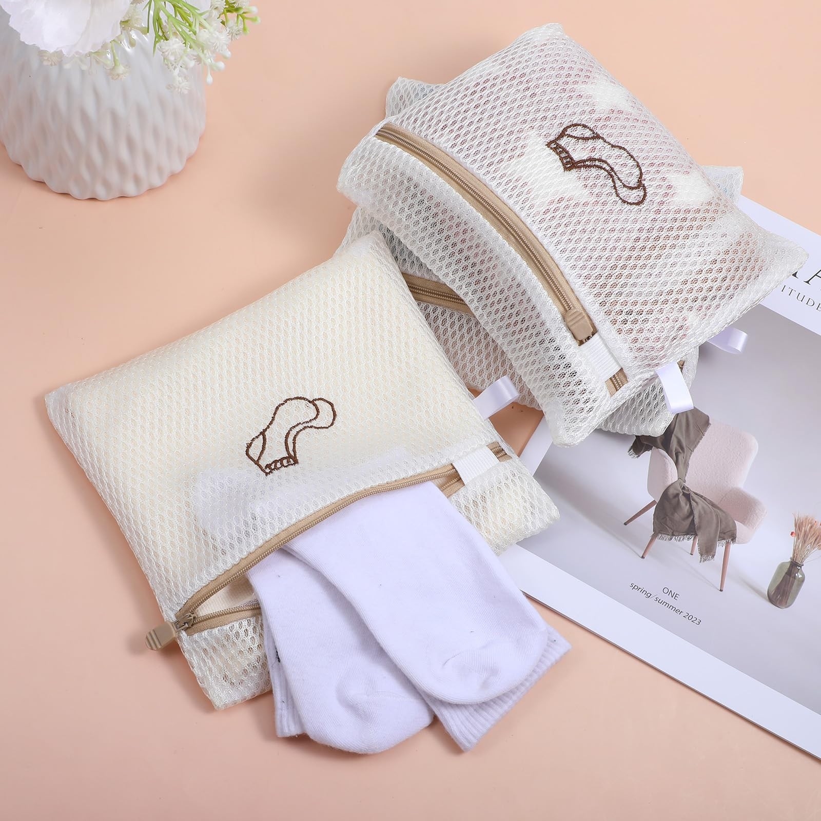 LXUEJIE 4 Pcs 7.87×7.09 Inch Small Mesh Laundry 0.36 liters, Beige, Brown