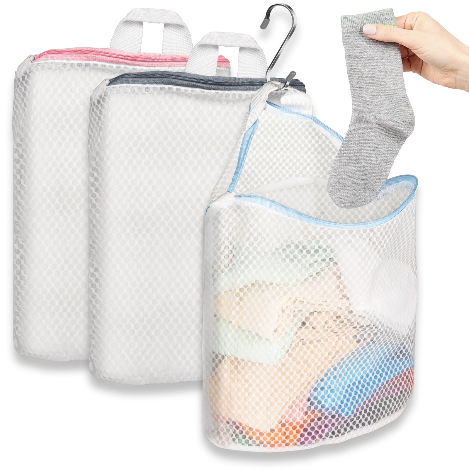 3Pcs Hanging Laundry Bags for Socks with S Hooks, 12 Large, white, pink, blue