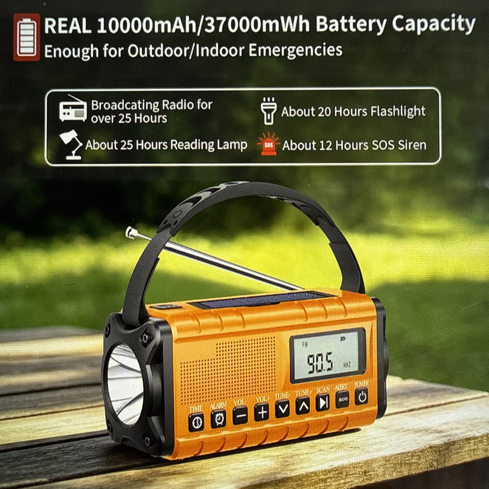 10000mAh/37000mWh Portable Emergency/Weather Radio, AM FM Auto Scan, Solar, LED
