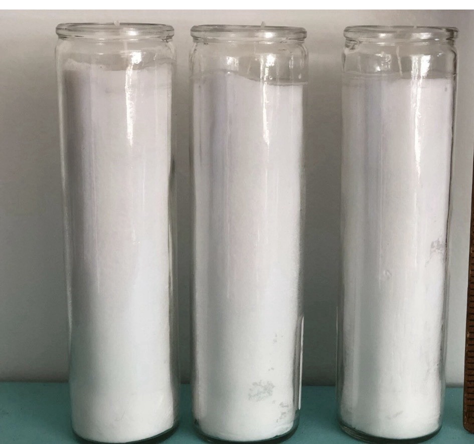 3x Original 80 Hour Hand Crafted White Candles. 3x Beautiful Glass Case
