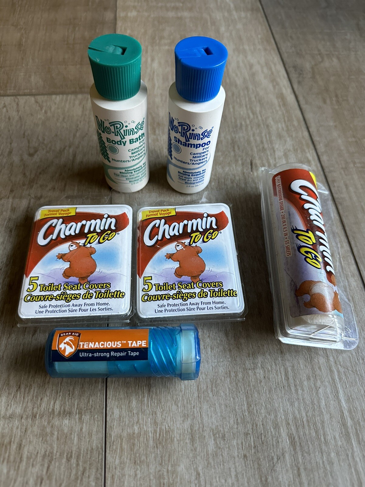 Camping Accessories: Toilet Paper, No Rinse Shampoo/Body Bath Tenacious Tape