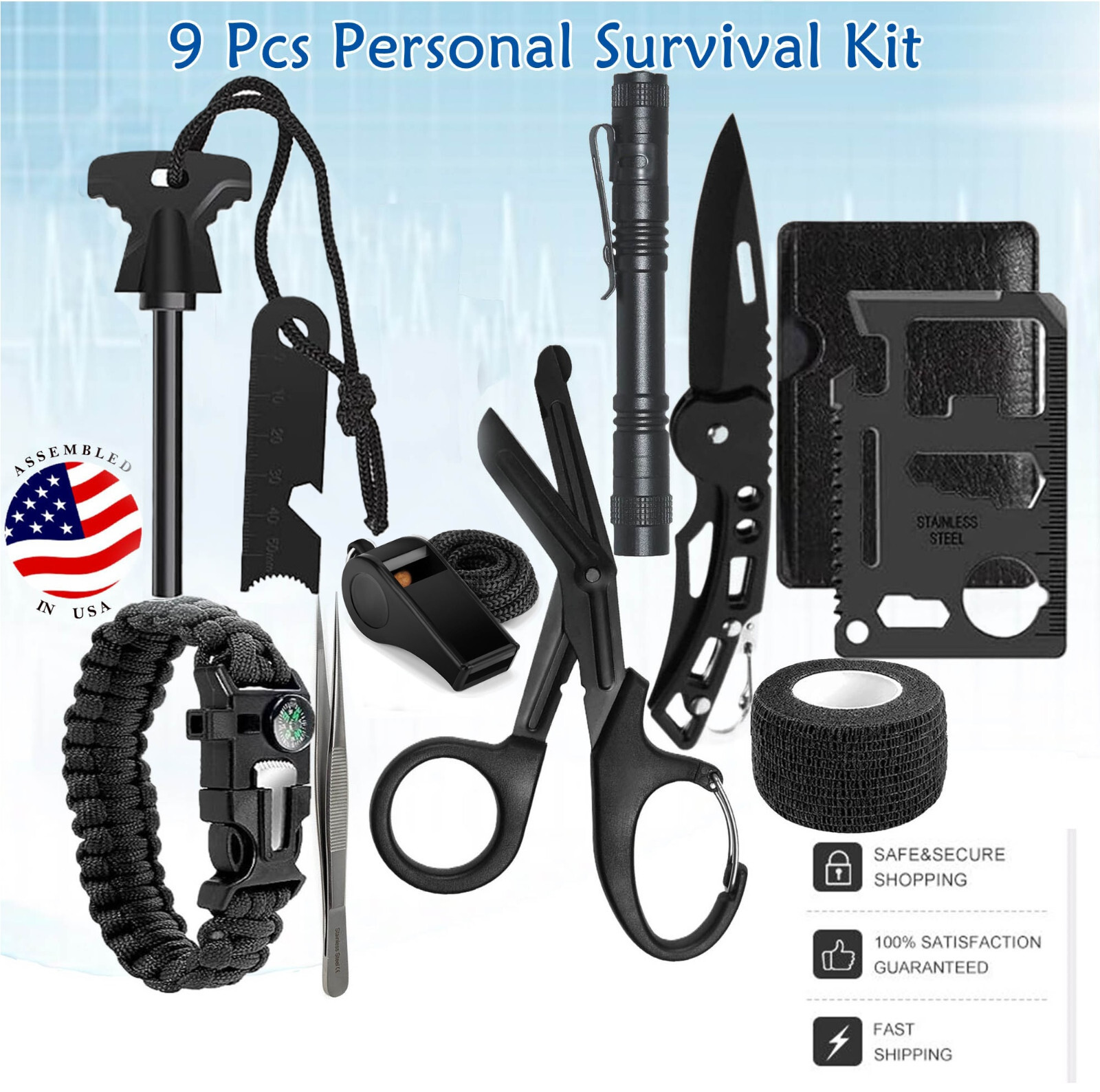 Emergency Survival Kit First Aid Military Trauma Prepper Kit Supplies 9 Pcs Set