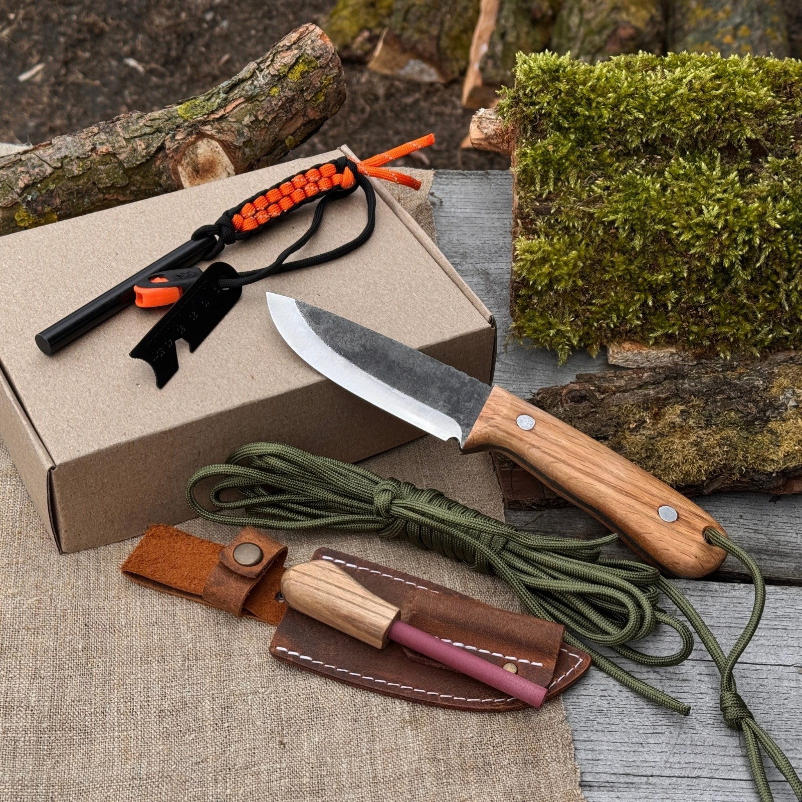 Hiking Kit Bushcraft Knife Set with Forged Knife Ferro Rod Paracord Camping Gear
