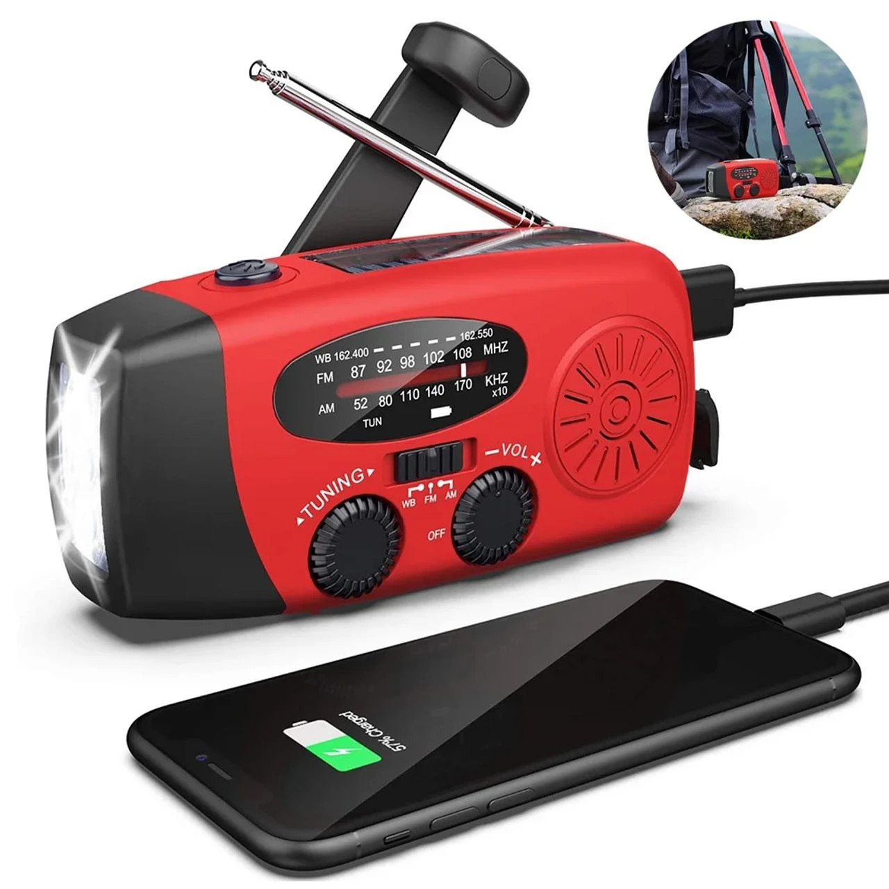 Emergency Crank Solar Power Bank Charger Flash Light Radio Hand Weather 1000mAh