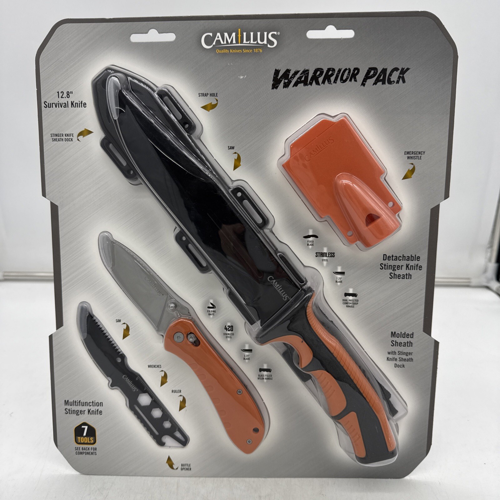 Camillus Warrior Pack 12.8 Survival Knife, Stinger Knife, Folding Knife, Whistle