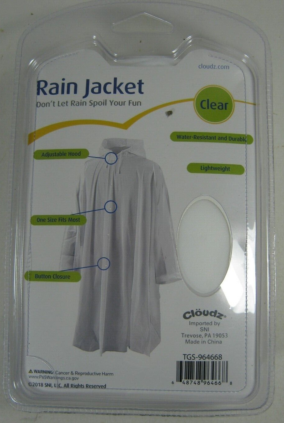 Cloudz Clear Rain Jacket Unisex Men’s Women’s One Size Fits Most