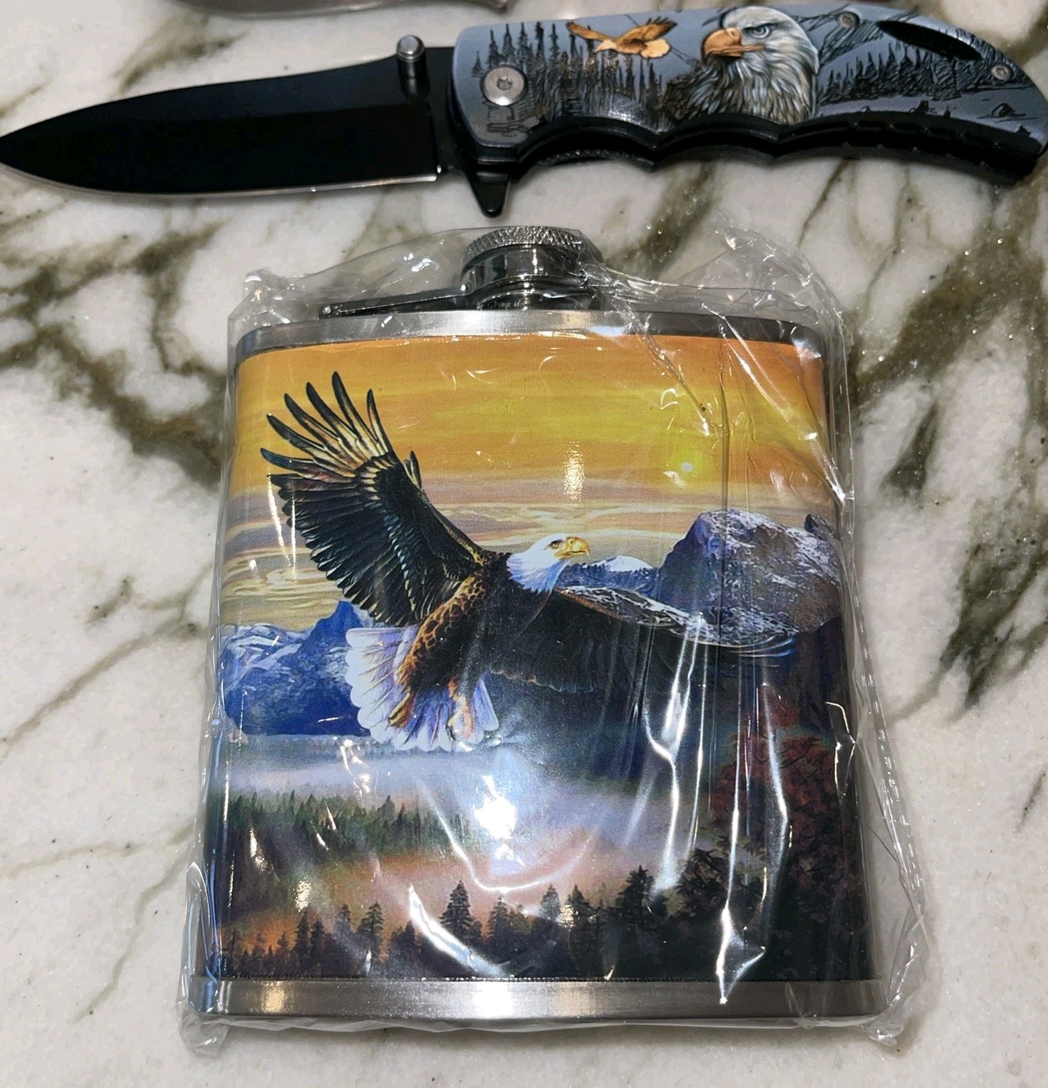 2 knives, one sleeve, one flask, Woodland Creek Be Outdoor Ready Survival Knife