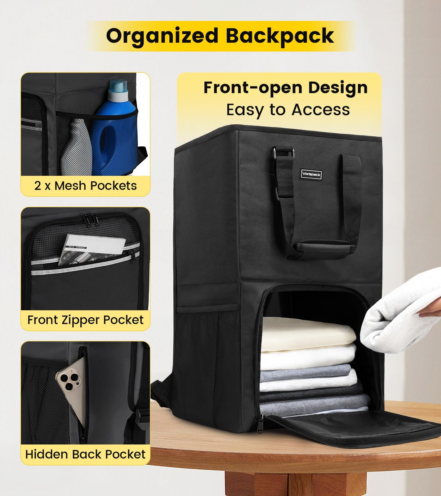 Vorspack Laundry Bag Backpack – Extra Large Bags with Large, Black