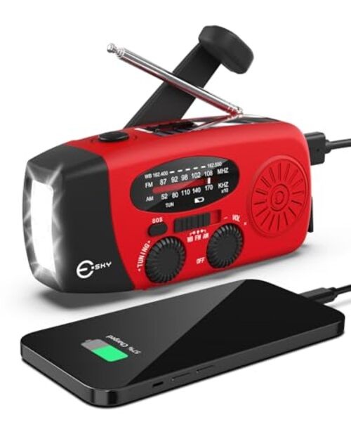 Emergency Hand Crank Radio 7400mWh with 3 LED Flashlight, AM/FM/NOAA Red