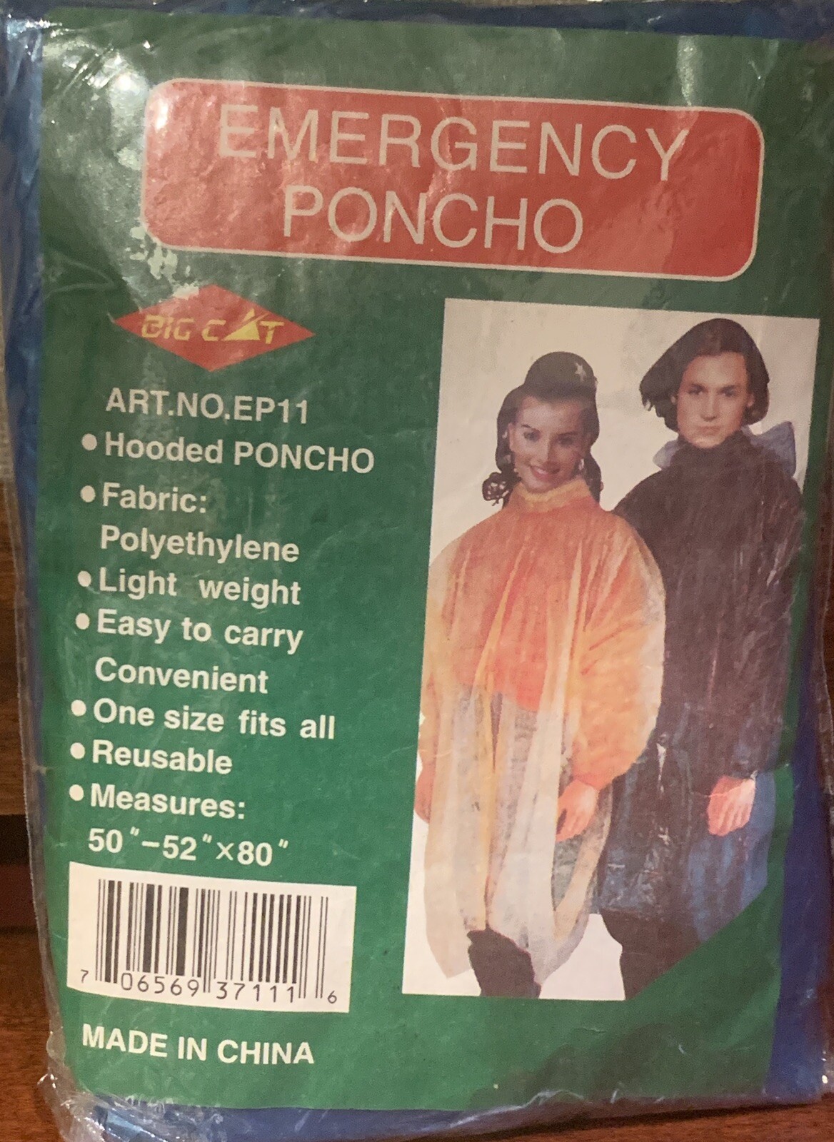 EMERGENCY BLUE HOODED RAIN PONCHO 52”X80”-ONE SIZE FITS MOST-100% WATERPROOF-NEW