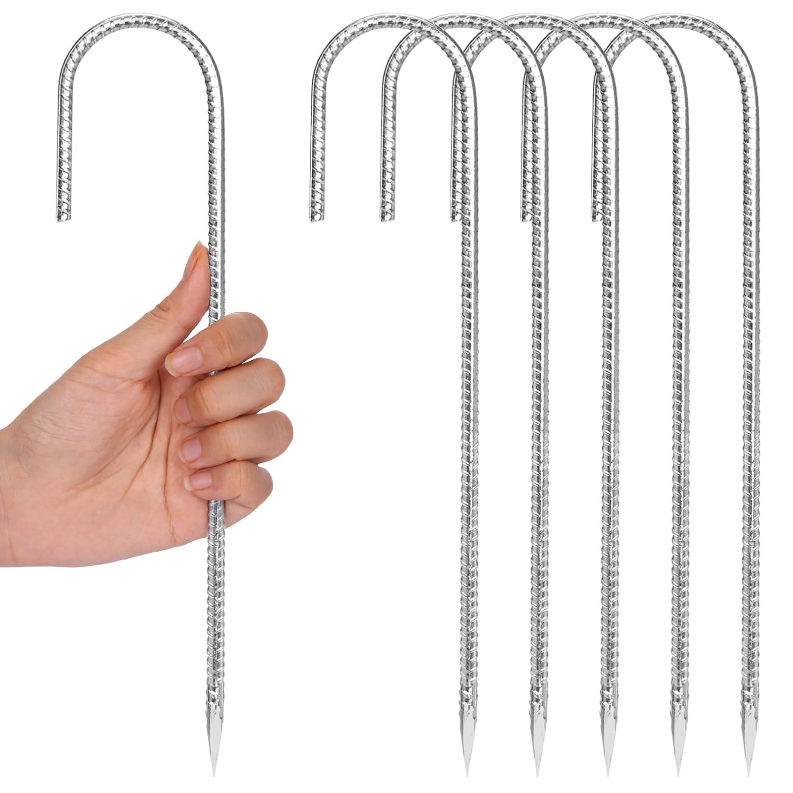 CEWOR 6 Pack 12 Inch Rebar Stakes, J Hook Tent Stakes Heavy J Hook, Silver