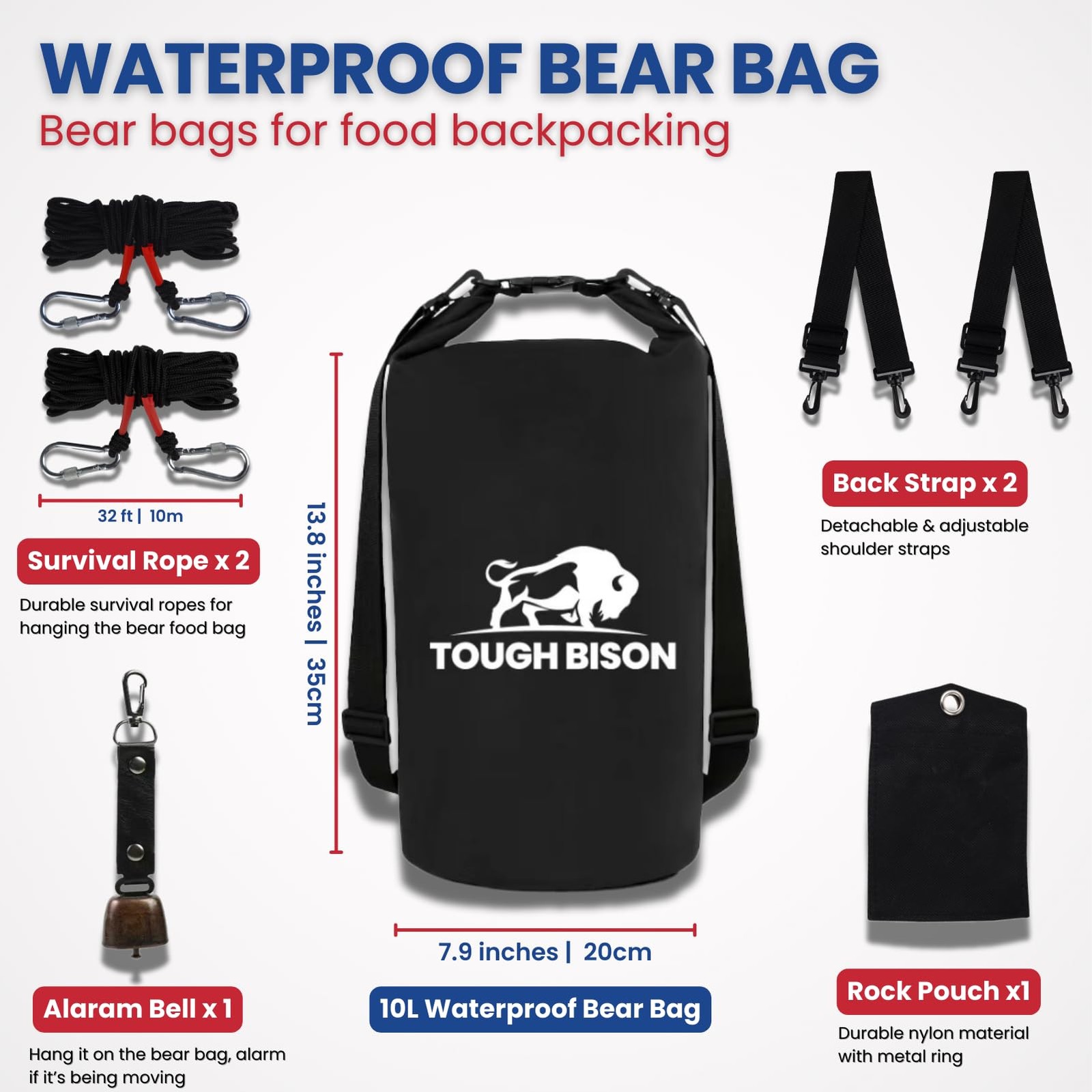 Bear Bag Hanging Kit – 10L Waterproof Bear Proof Food Storage Bag, 2 Straps,
