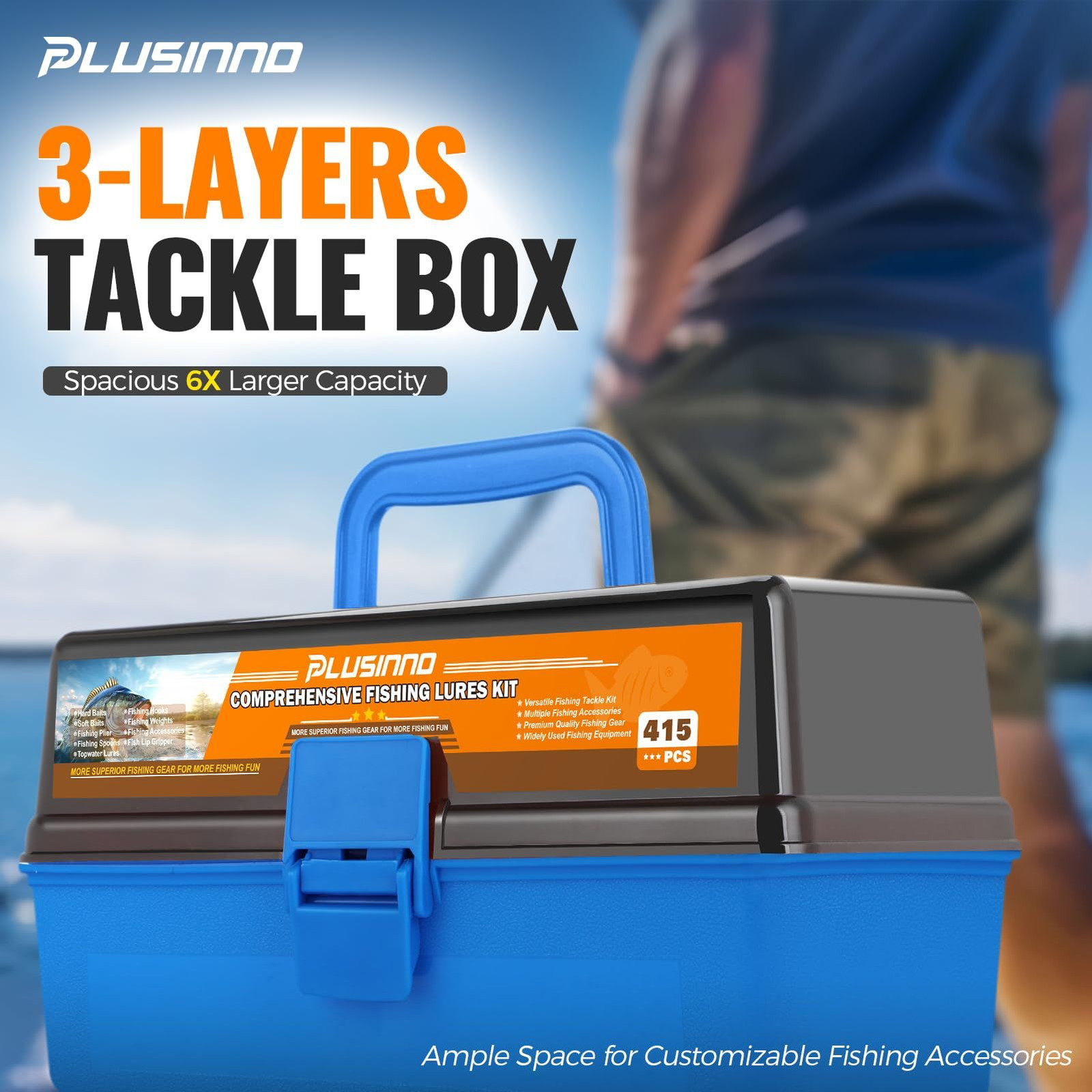 PLUSINNO Large 3 Layers Fishing Tackle Box with 12x7x5.7 inches, Blue