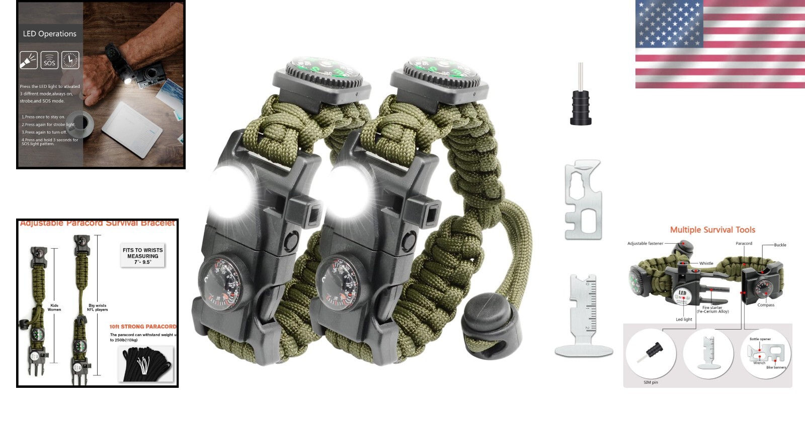 Durable Paracord Survival Bracelet with Whistle, Compass & LED Light – Green