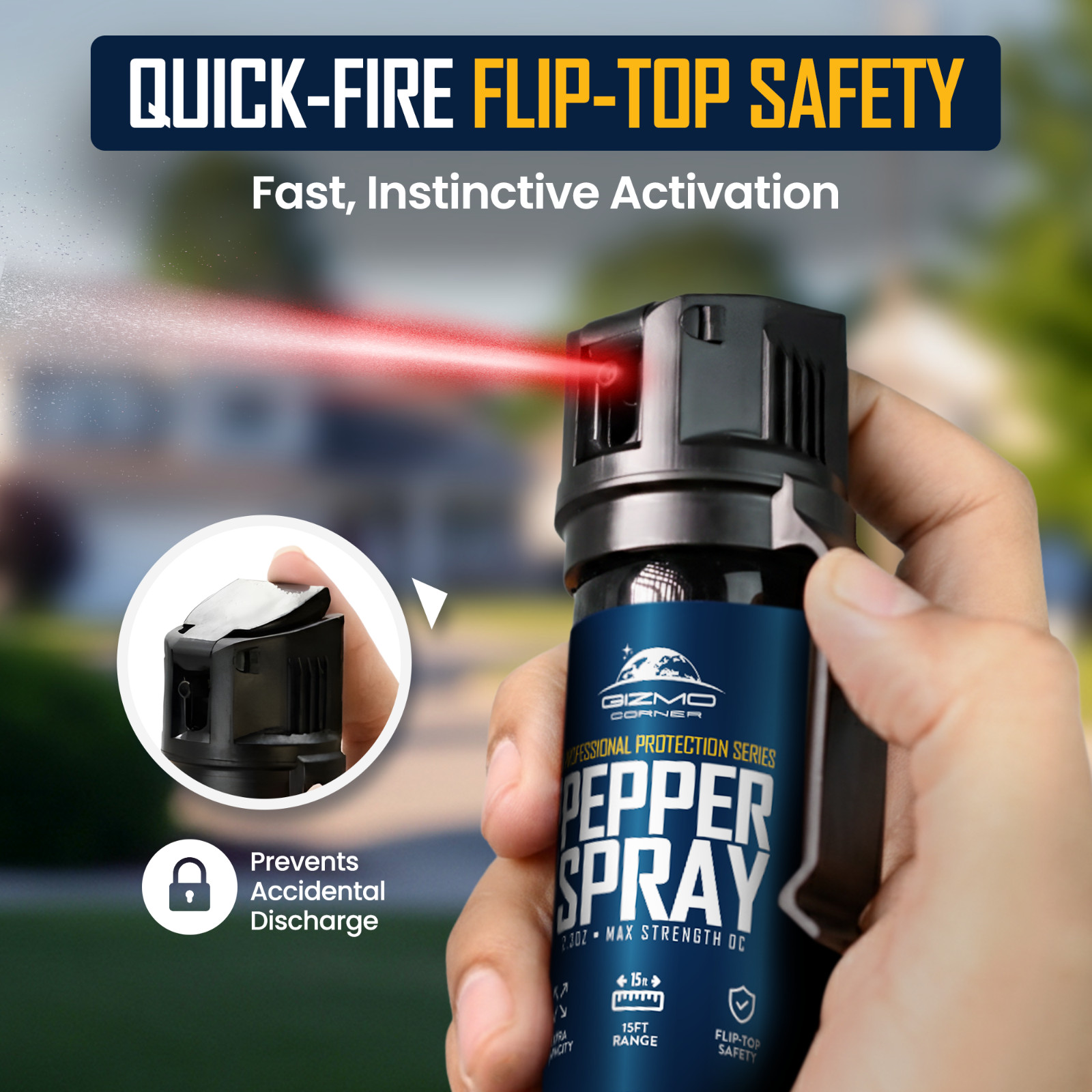 Gizmo Corner 2.3oz Pepper Spray 15ft Range Flip-Top Safety for Women Protection