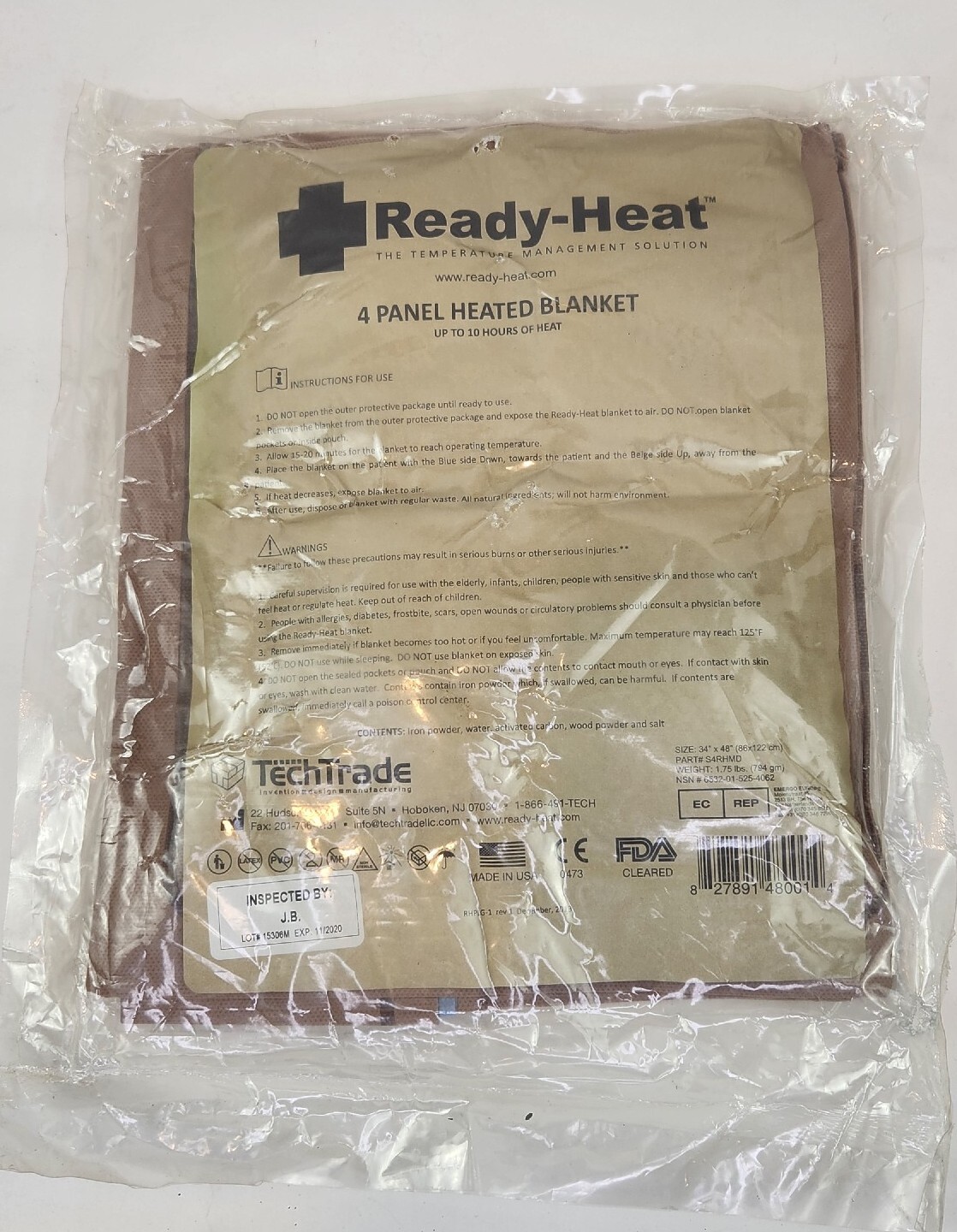 Ready-Heat 4 Panel Heated Disposable Emergency Blanket *DAMAGED OUTER PLASTIC*