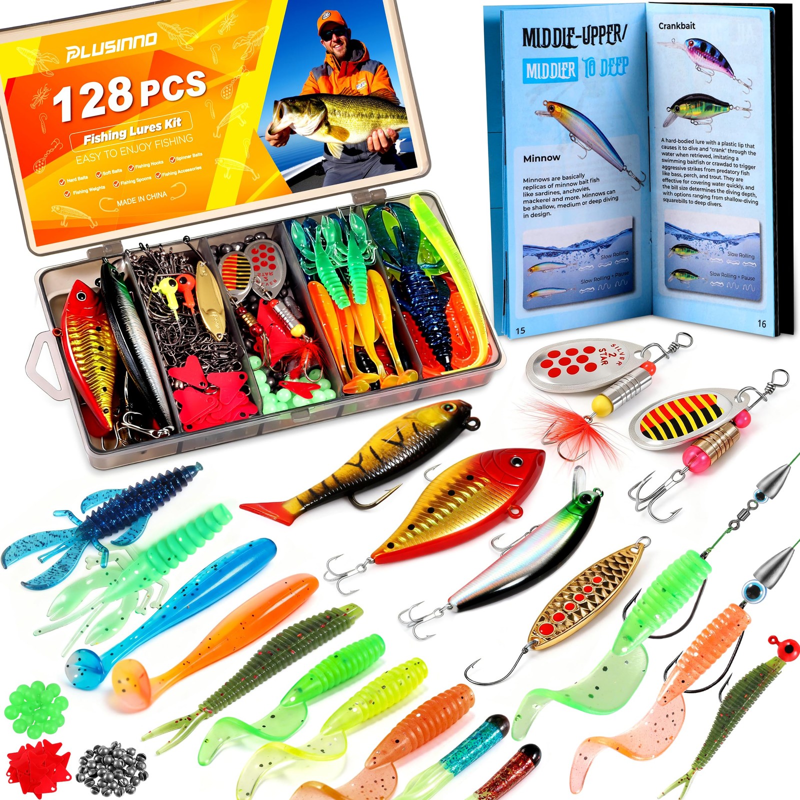 PLUSINNO Fishing Lures, 6.9 x 4.7 x 1.2 inches, 128Pcs Lures Kit