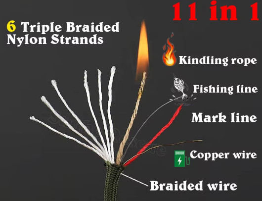 Survival 550 Para Cord, 12′, + 4 Survival Strands =Wire, Fishing, Kindle, Marker