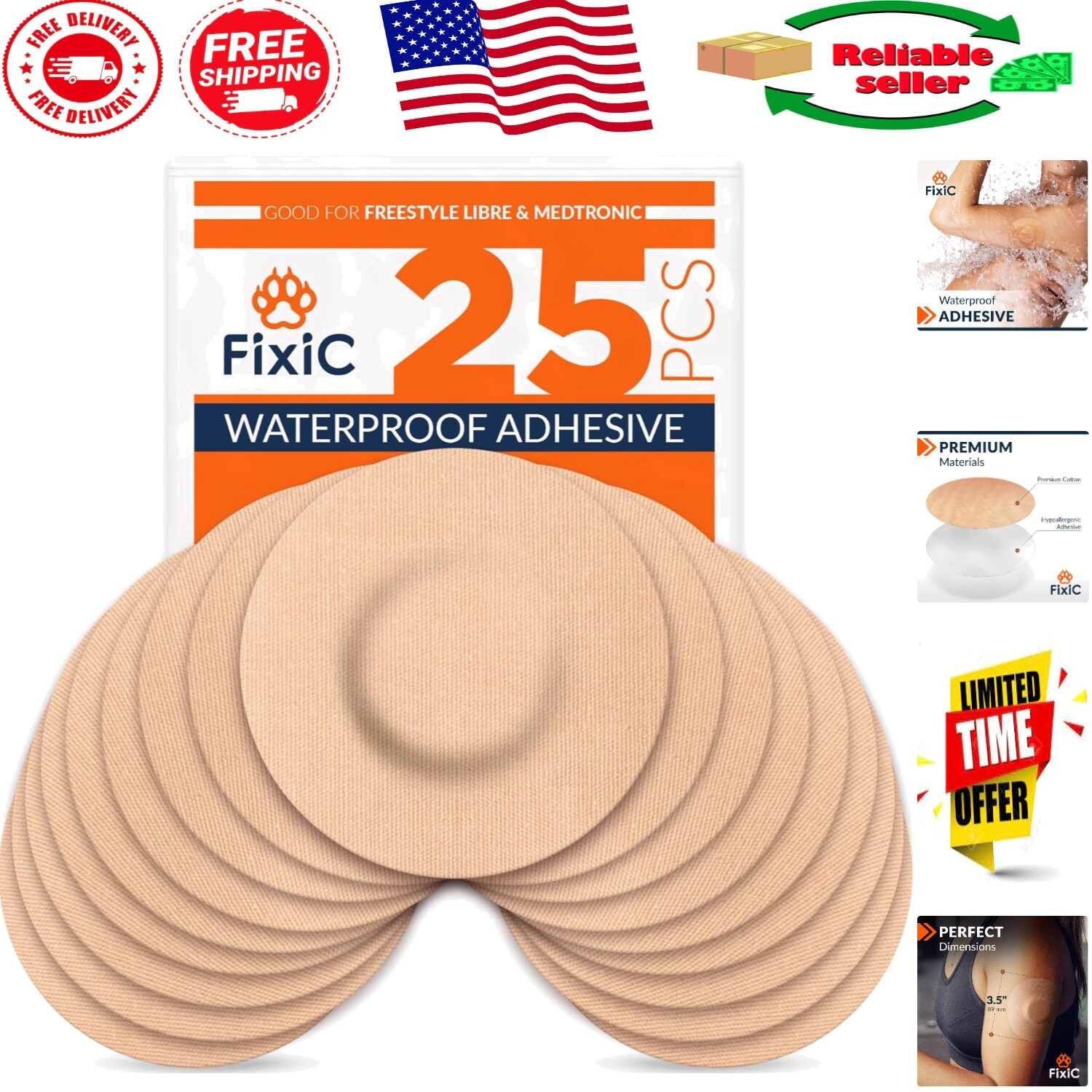 Durable Waterproof Adhesive Patches (25 Pack) for Libre & Guardian Sensors – Tan