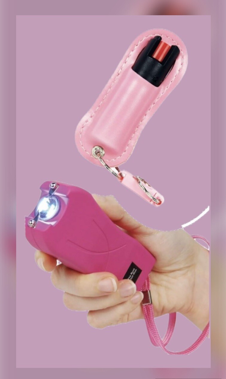 COMBO PINK PEPPER SPRAY + Flashlight STUN GUN PROTECTION PACK Women Self Defense