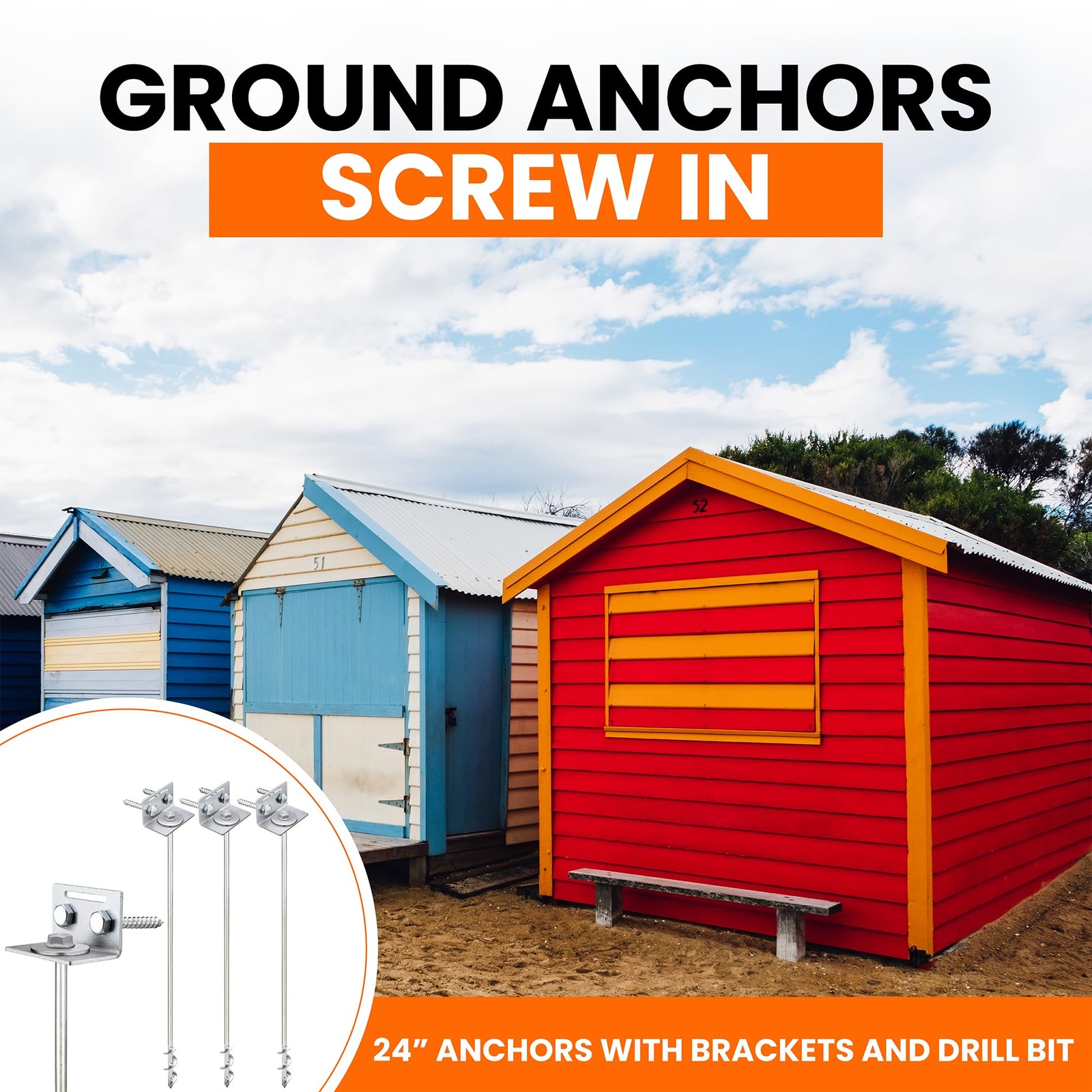 Ground Anchors Screw in – 24″ Set of 4 with Brackets and Drill Bit – Silver