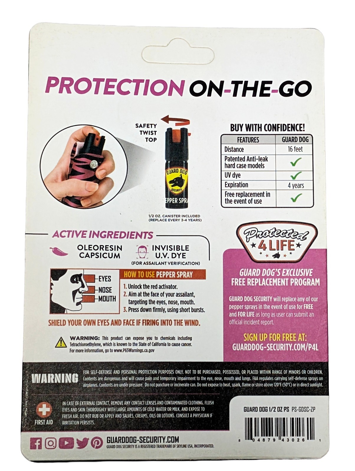 Self Defense UV Dye Pepper Spray 0.5oz 16ft Spray Pink Zebra Keychain Guard Dog