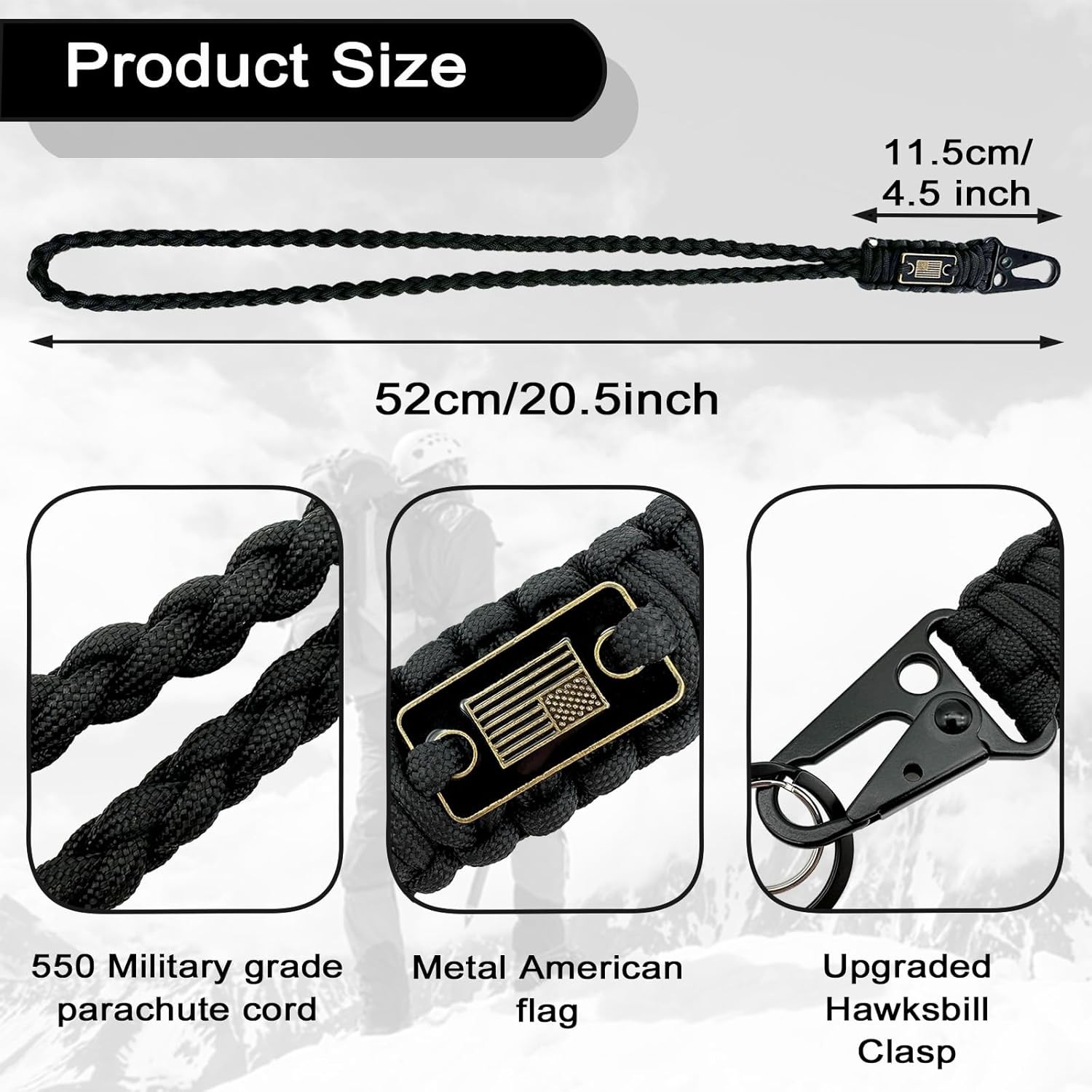Heavy Duty Paracord Lanyard for ID Badges, Black x2, X2
