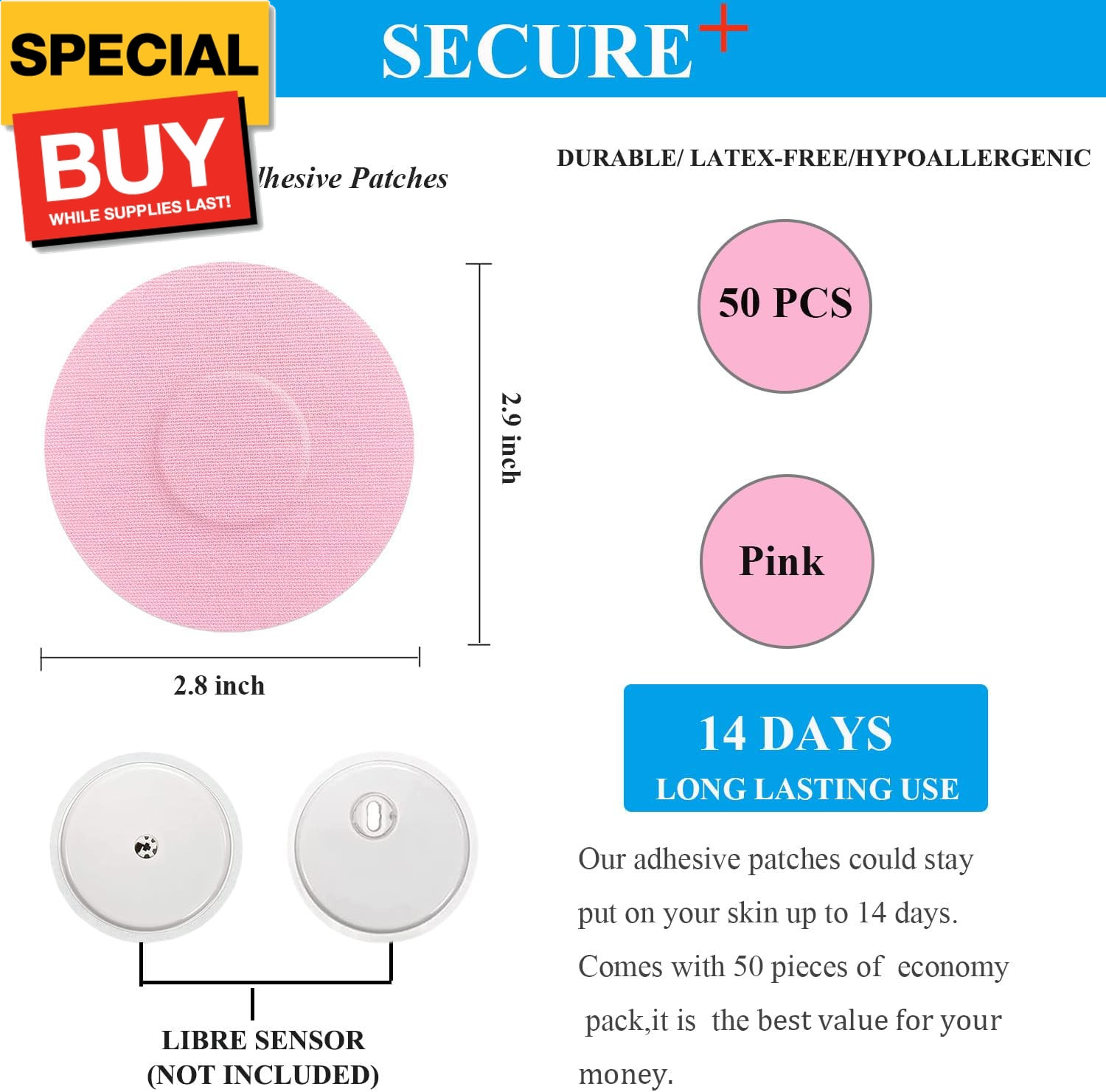 50 Pack Waterproof Sensor Covers for Freestyle Libre 2/3,CGM Adhesive Patches Wi