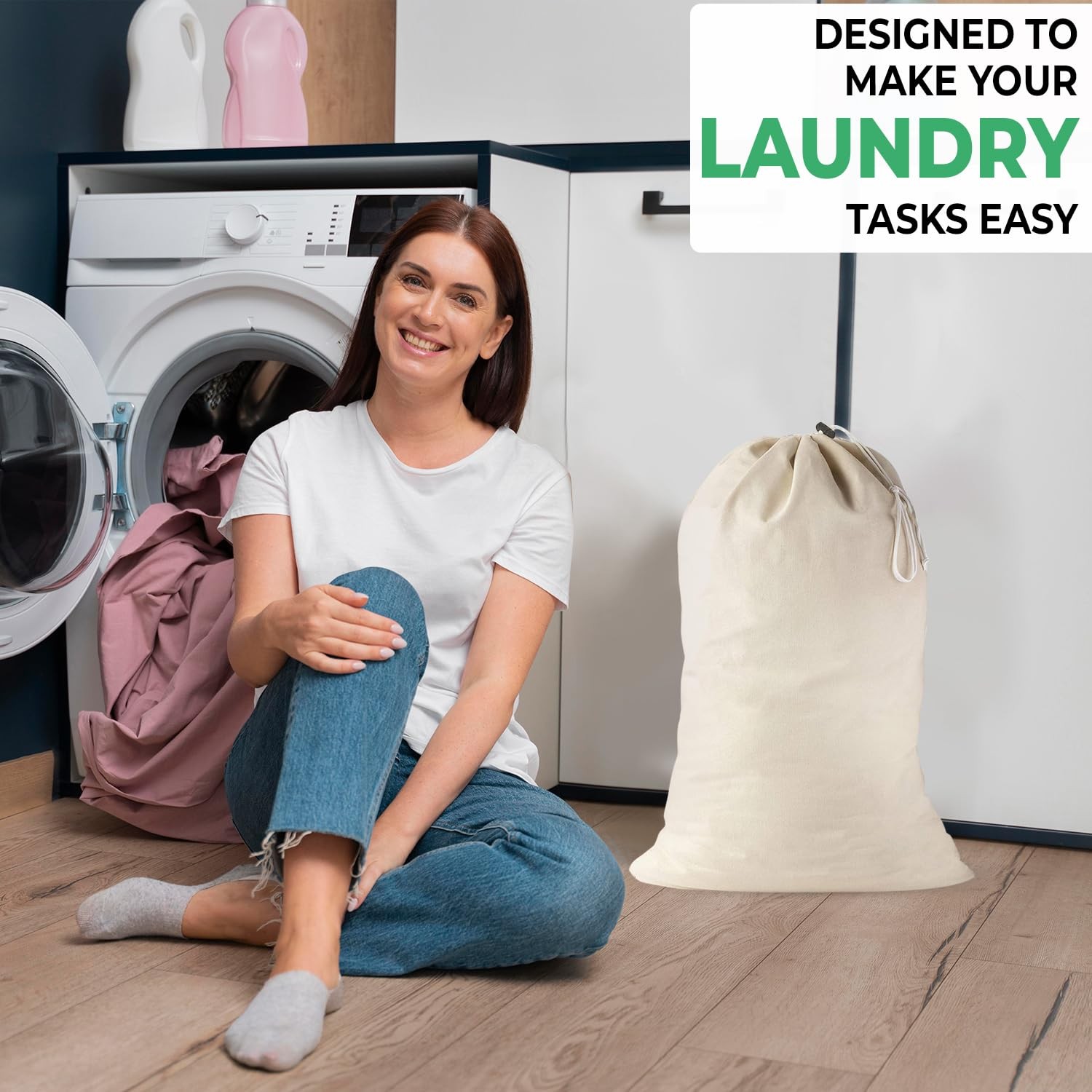 Large Cotton Laundry Bags 24×36 Inch with Drawstring, Heavy Pack of 2, Beige